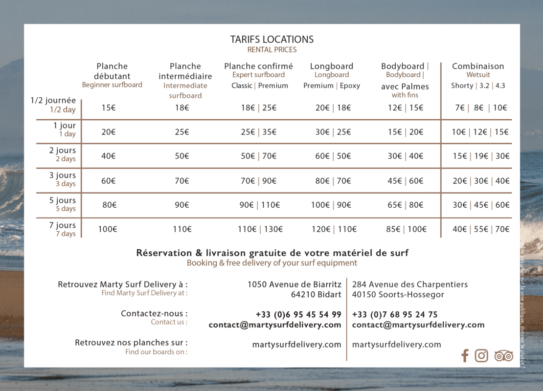 tarifs de location surf marty surf delivery